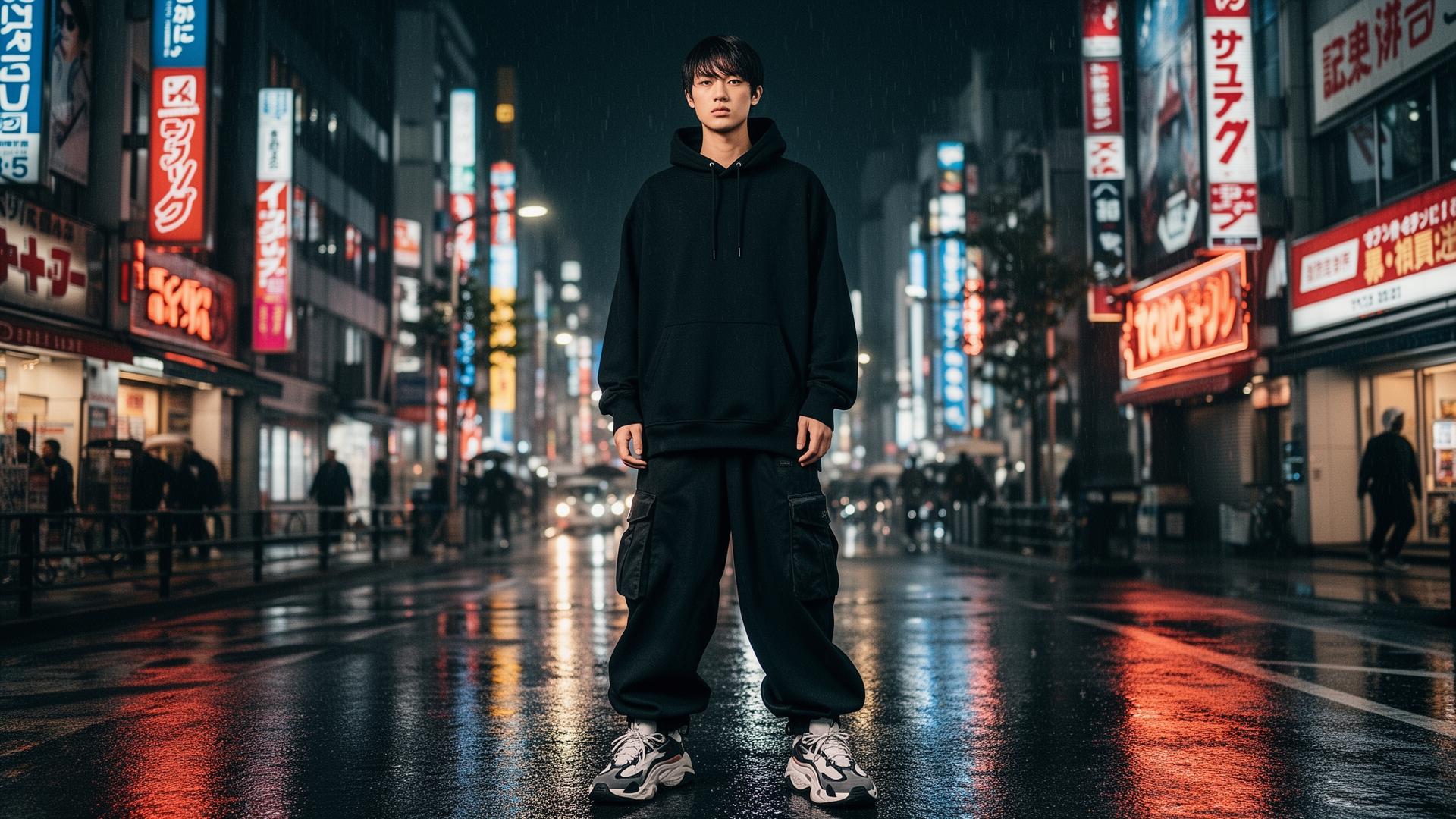 Model wearing Sentzai oversized streetwear in Tokyo at night